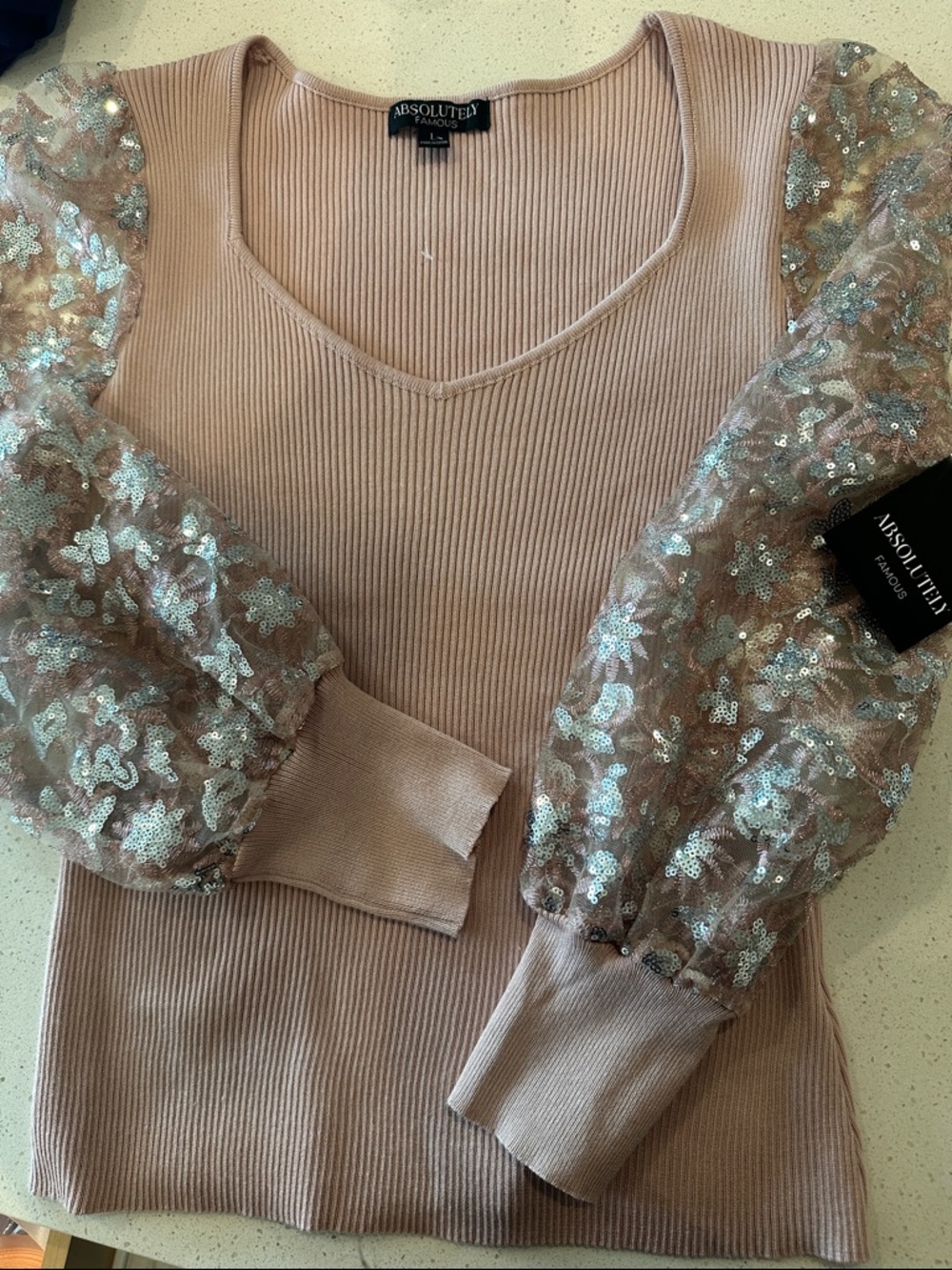 Absolutely Famous Blush Pink V-Neck Sweater with Sheer Floral Sleeves - Picture 3 of 10